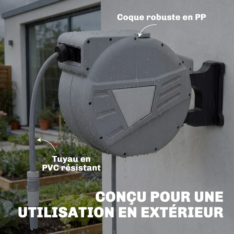 Enrouleur de tuyau mural rétractable 61 x 26 x 43 cm pivotant 180 degrés verrouillage pratique moderne jardin en PP gris 21_0005595