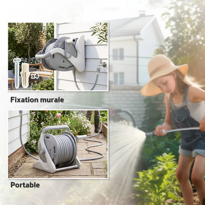 Enrouleur de tuyau d'arrosage mural et portable jardin 40 x 28 x 32 cm enroulement facile antirouille moderne en PP gris 21_0005596