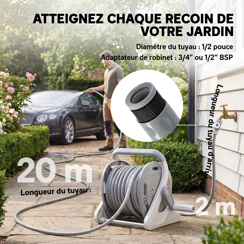Enrouleur de tuyau d'arrosage mural et portable jardin 40 x 28 x 32 cm enroulement facile antirouille moderne en PP gris 21_0005596
