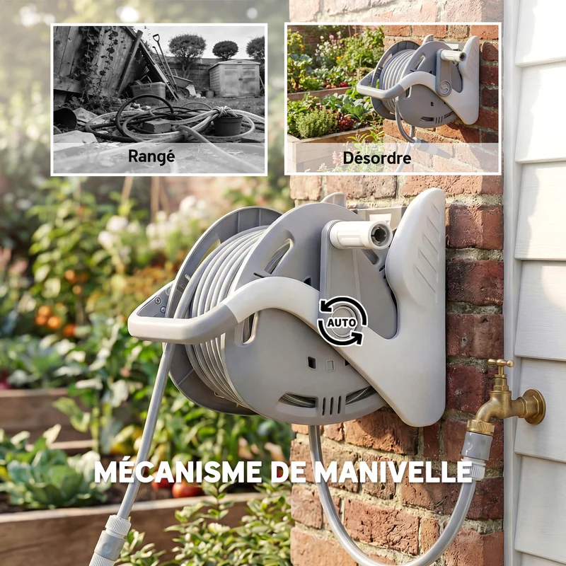 Enrouleur de tuyau d'arrosage mural et portable jardin 40 x 28 x 32 cm enroulement facile antirouille moderne en PP gris 21_0005596