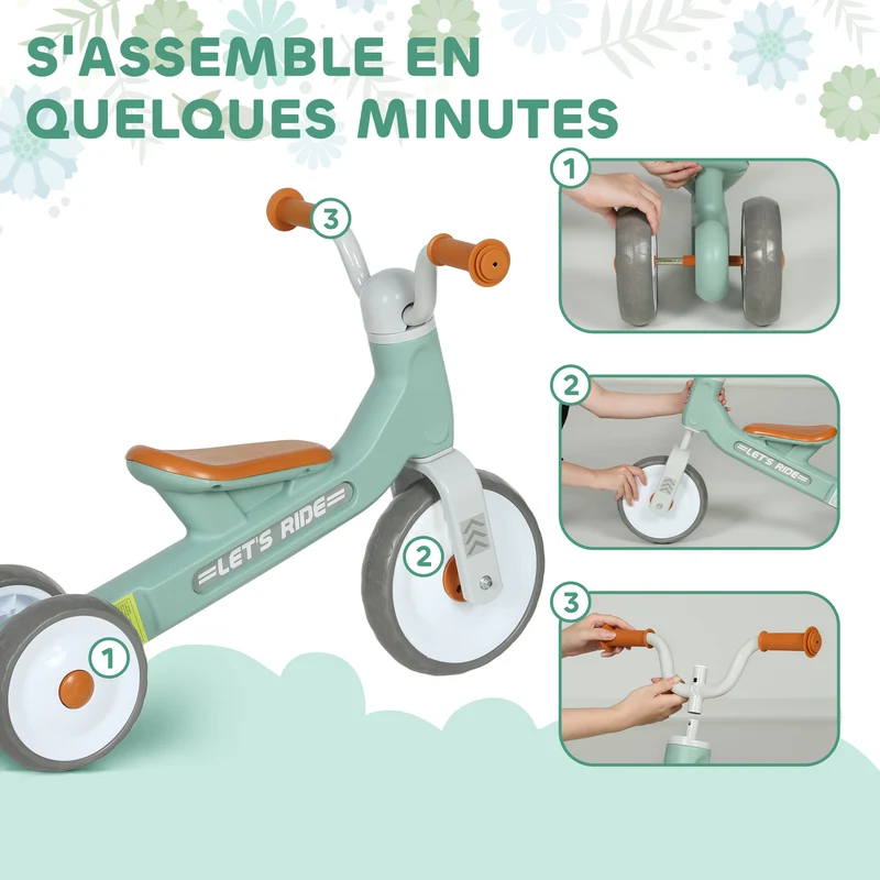 Draisienne bébé 1-3 ans 69 x 40 x 49 cm apprentissage équilibre roues silencieuses style scandinave cosy en métal vert 21_0000629