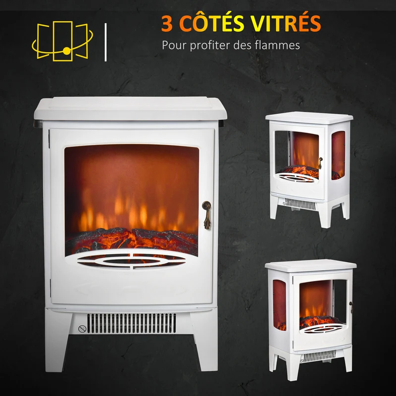 Cheminée électrique poêle néo-rétro salon 39 x 26 x 54,8 cm chauffage réglable flammes réalistes cosy en acier blanc 21_0001118