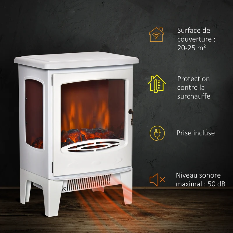 Cheminée électrique poêle néo-rétro salon 39 x 26 x 54,8 cm chauffage réglable flammes réalistes cosy en acier blanc 21_0001118