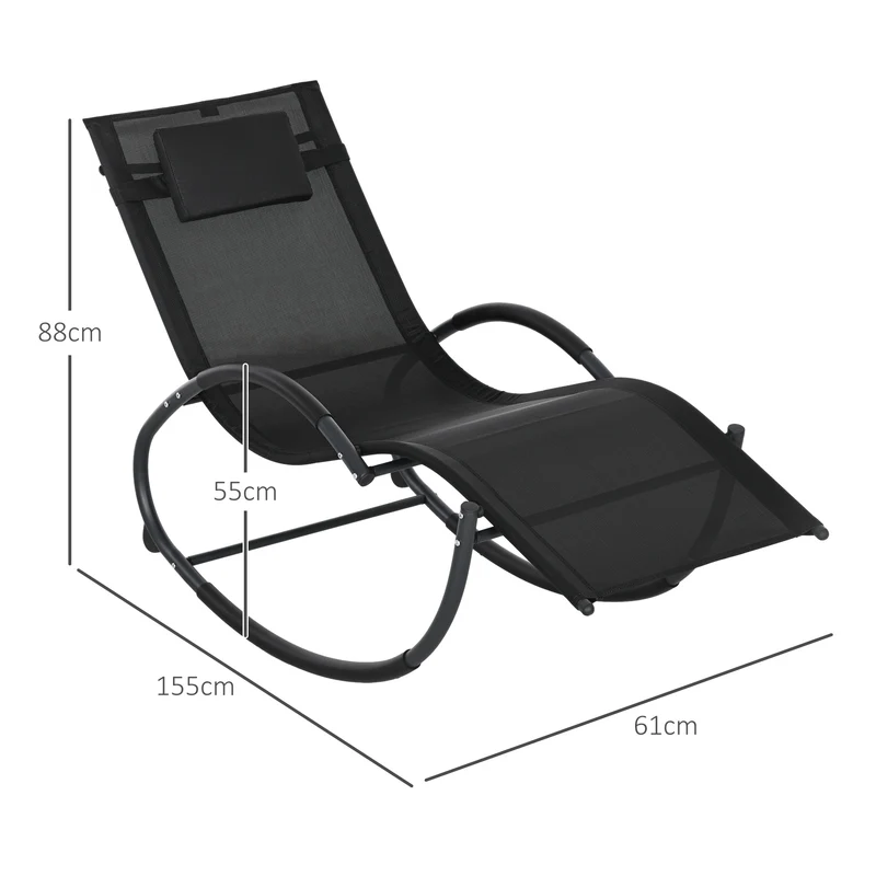 Chaise longue à bascule jardin terrasse 61 x 155 x 88 cm assise ergonomique têtière incluse moderne en textilène noir 21_0004480