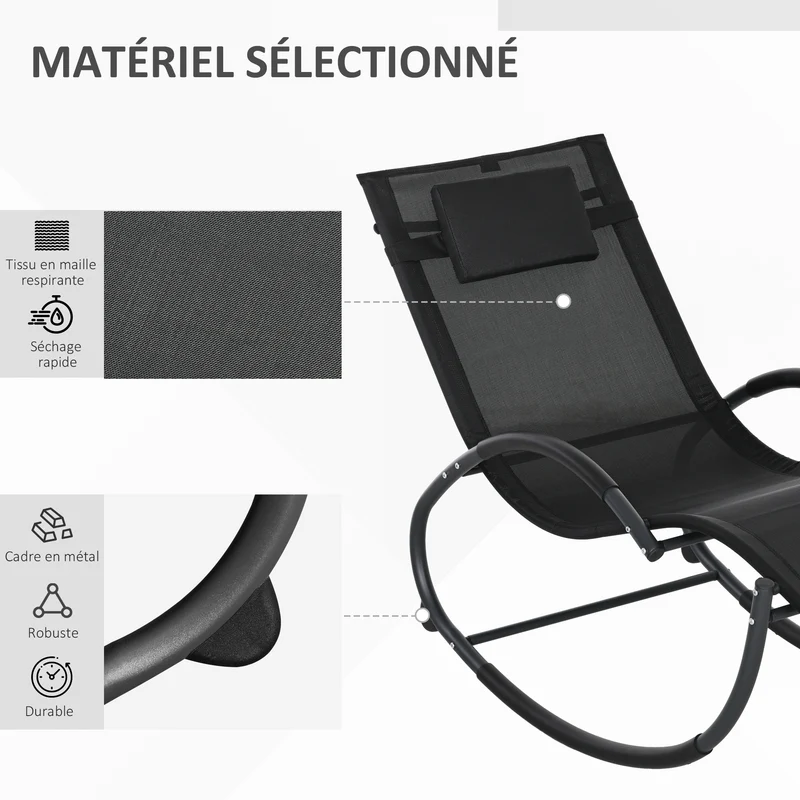 Chaise longue à bascule jardin terrasse 61 x 155 x 88 cm assise ergonomique têtière incluse moderne en textilène noir 21_0004480