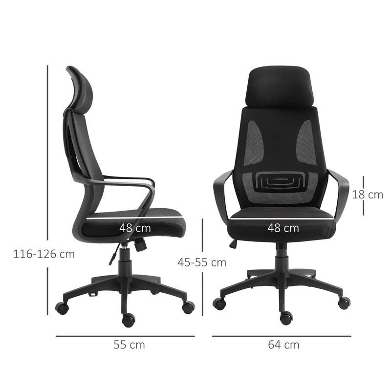 Chaise de bureau 64 x 55 x 116-126 cm appui-tête réglable soutien lombaire scandinave contemporain en polyester noir 21_0006166