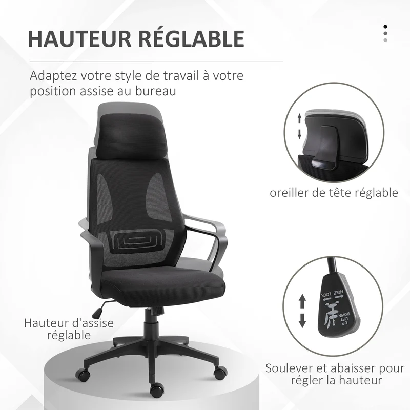 Chaise de bureau 64 x 55 x 116-126 cm appui-tête réglable soutien lombaire scandinave contemporain en polyester noir 21_0006166