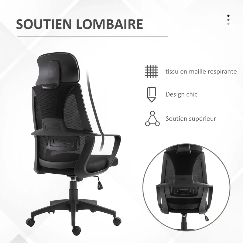 Chaise de bureau 64 x 55 x 116-126 cm appui-tête réglable soutien lombaire scandinave contemporain en polyester noir 21_0006166