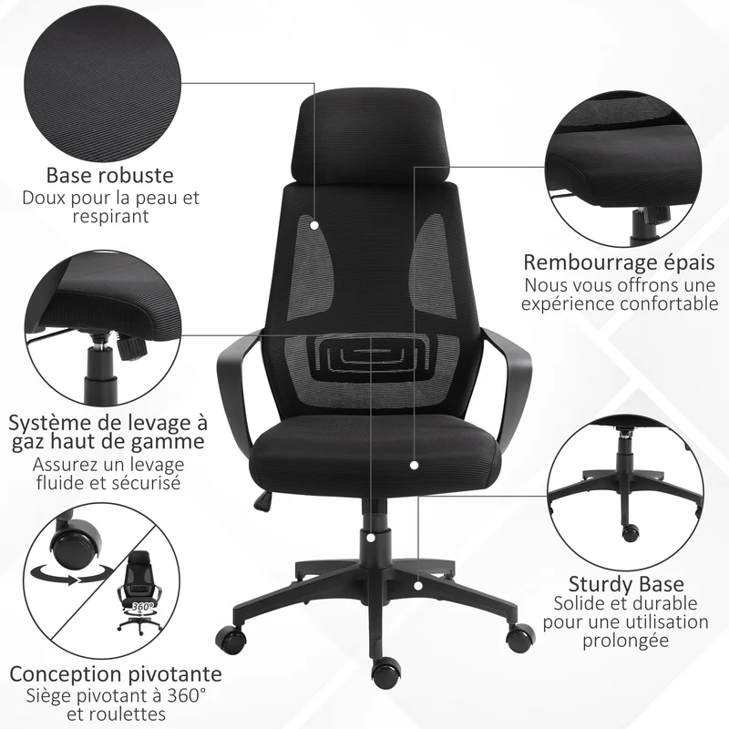 Chaise de bureau 64 x 55 x 116-126 cm appui-tête réglable soutien lombaire scandinave contemporain en polyester noir 21_0006166