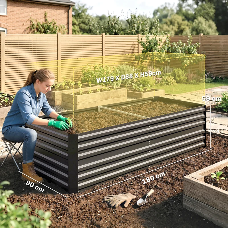 Carré potager rectangulaire 180 x 90 x 59 cm montage simple rétention chaleur moderne en acier galvanisé gris foncé 21_0004280