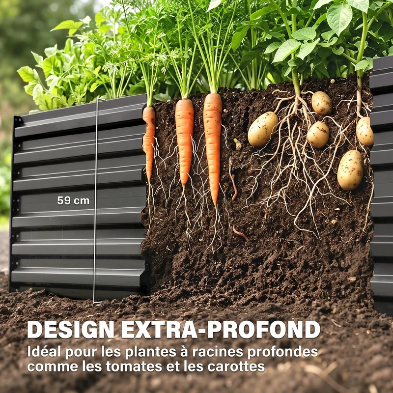 Carré potager rectangulaire 180 x 90 x 59 cm montage simple rétention chaleur moderne en acier galvanisé gris foncé 21_0004280