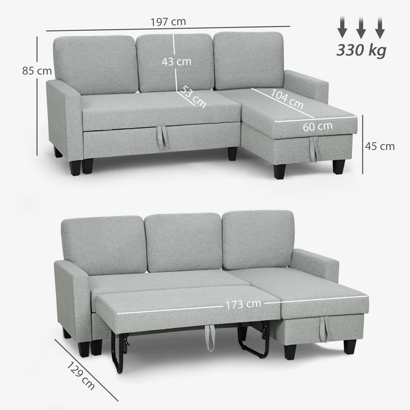 Canapé d'angle pour salon 197 x 129 x 85 cm convertible coffre de rangement moderne scandinave en polyester gris clair 21_0003597