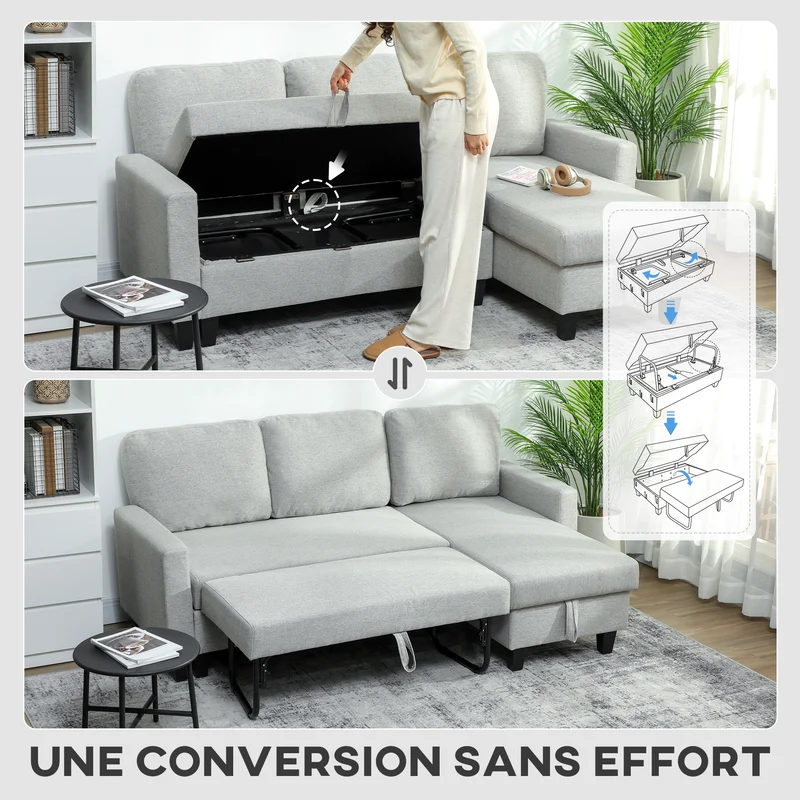 Canapé d'angle pour salon 197 x 129 x 85 cm convertible coffre de rangement moderne scandinave en polyester gris clair 21_0003597