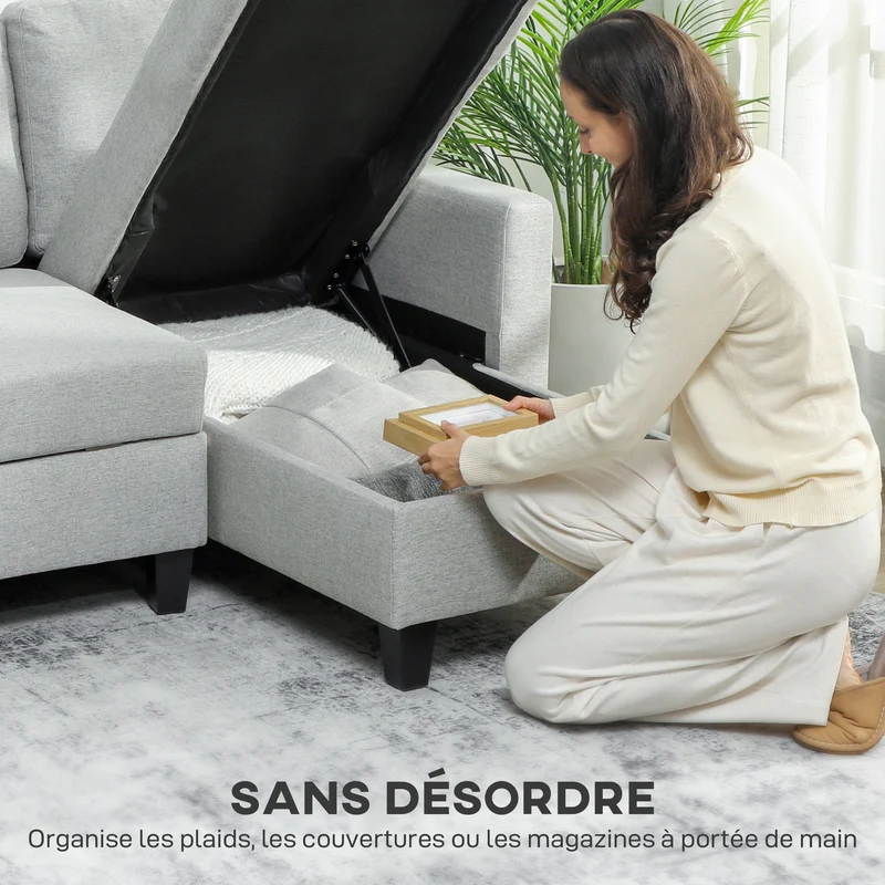 Canapé d'angle pour salon 197 x 129 x 85 cm convertible coffre de rangement moderne scandinave en polyester gris clair 21_0003597