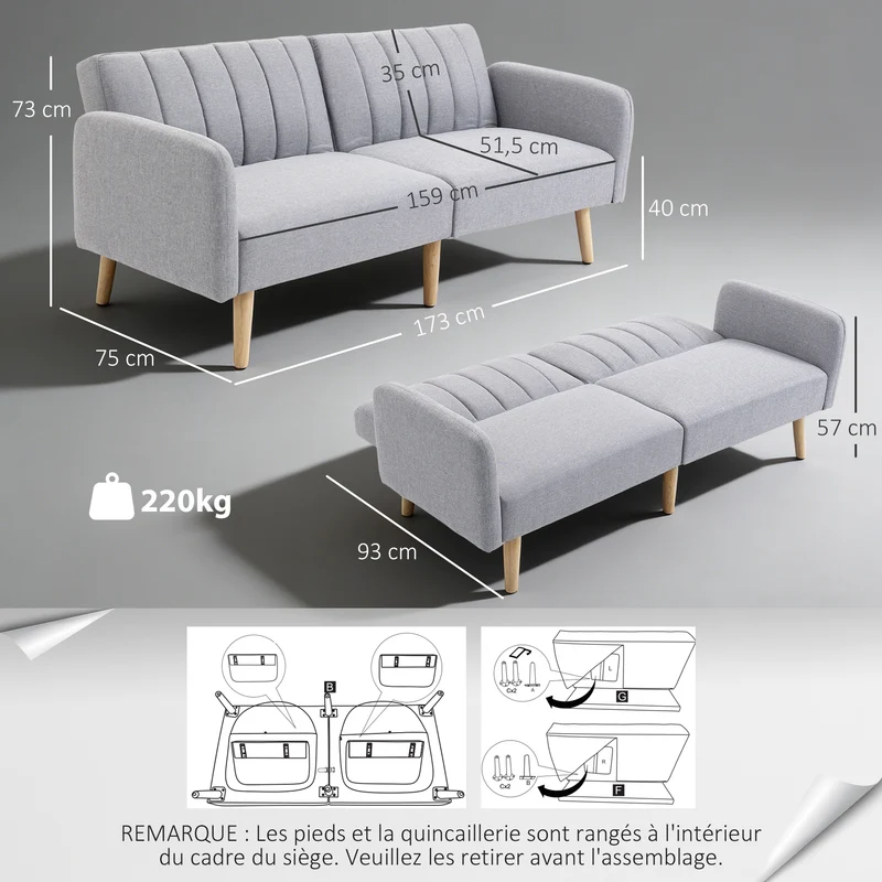 Canapé convertible 2 places 173 x 75 x 73 cm dossier inclinable 3 positions assise mousse scandinave en polyester gris 21_0003043