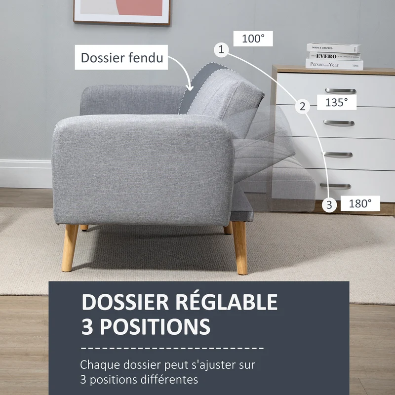 Canapé convertible 2 places 173 x 75 x 73 cm dossier inclinable 3 positions assise mousse scandinave en polyester gris 21_0003043