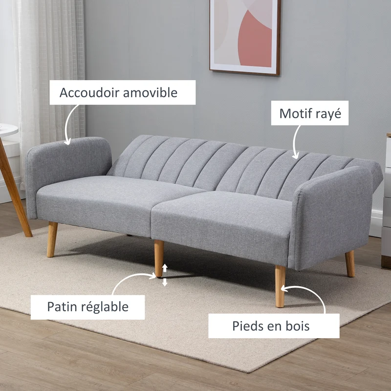 Canapé convertible 2 places 173 x 75 x 73 cm dossier inclinable 3 positions assise mousse scandinave en polyester gris 21_0003043
