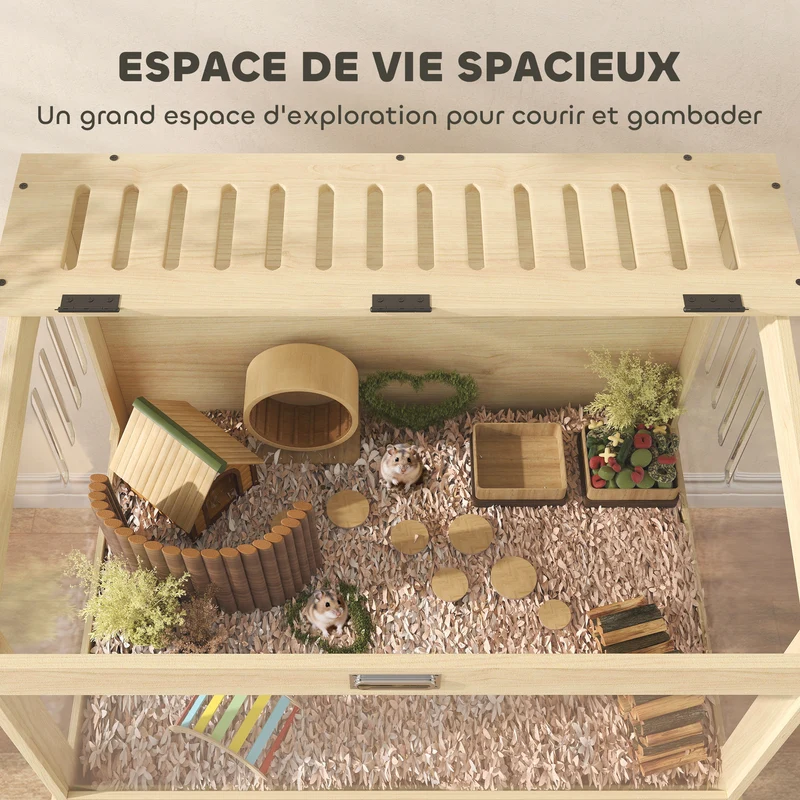 Cage à hamster surélevée rangement 83,2 x 50 x 103 cm nettoyable aérée fenêtre design scandinave en MDF bois naturel 21_0008010