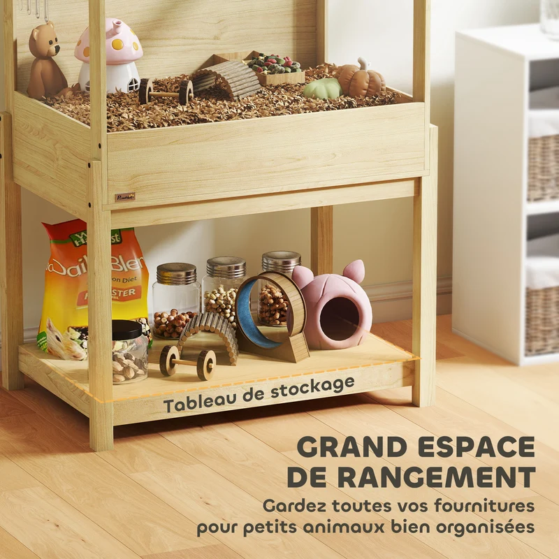 Cage à hamster surélevée rangement 83,2 x 50 x 103 cm nettoyable aérée fenêtre design scandinave en MDF bois naturel 21_0008010