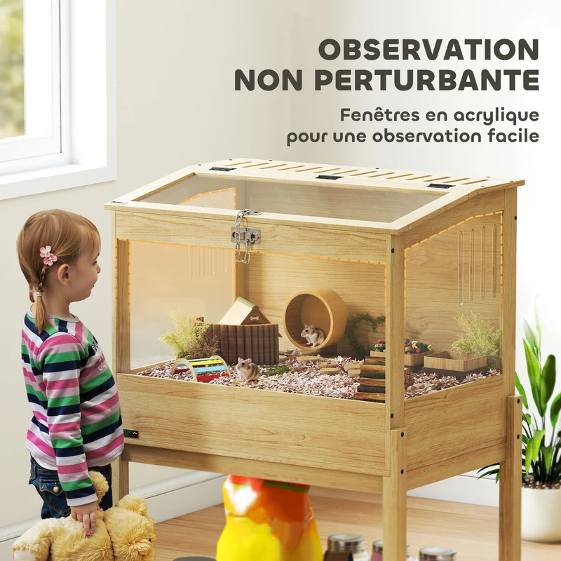 Cage à hamster surélevée rangement 83,2 x 50 x 103 cm nettoyable aérée fenêtre design scandinave en MDF bois naturel 21_0008010