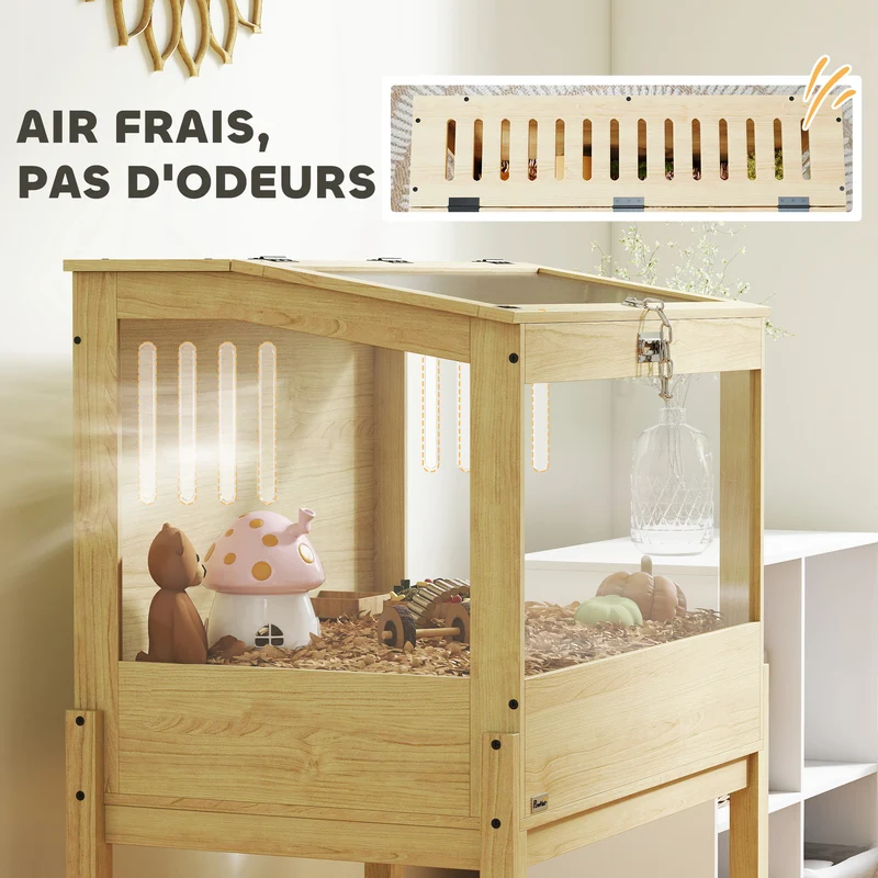 Cage à hamster surélevée rangement 83,2 x 50 x 103 cm nettoyable aérée fenêtre design scandinave en MDF bois naturel 21_0008010