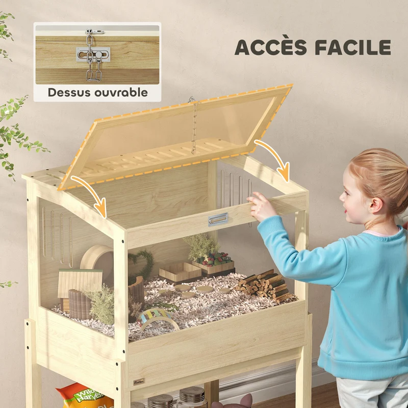 Cage à hamster surélevée rangement 83,2 x 50 x 103 cm nettoyable aérée fenêtre design scandinave en MDF bois naturel 21_0008010