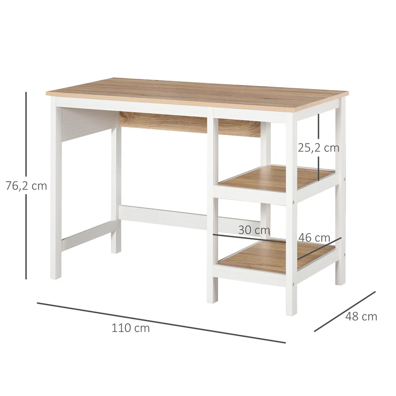 Bureau informatique multimédia 110 x 48 x 76 cm grand plateau 2 étagères rangement moderne épuré en MDF chêne clair 21_0002458