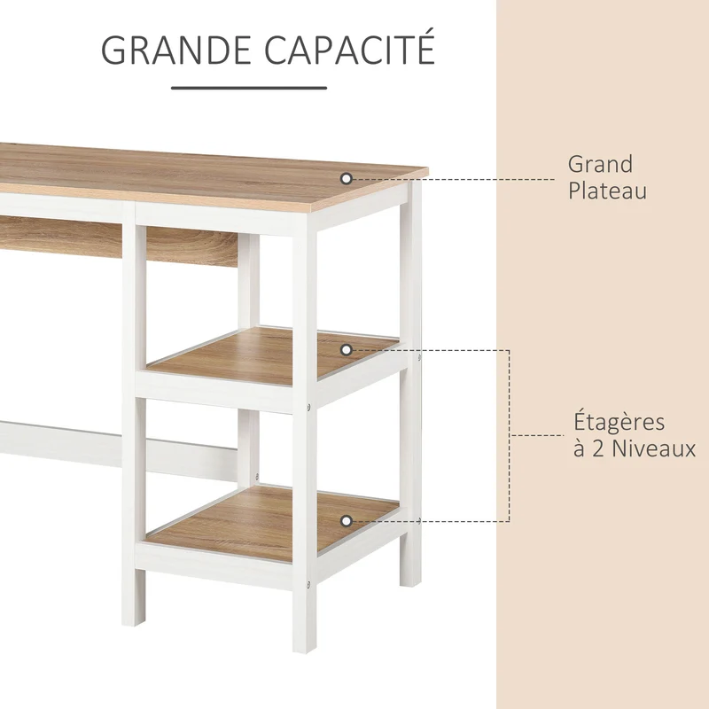 Bureau informatique multimédia 110 x 48 x 76 cm grand plateau 2 étagères rangement moderne épuré en MDF chêne clair 21_0002458