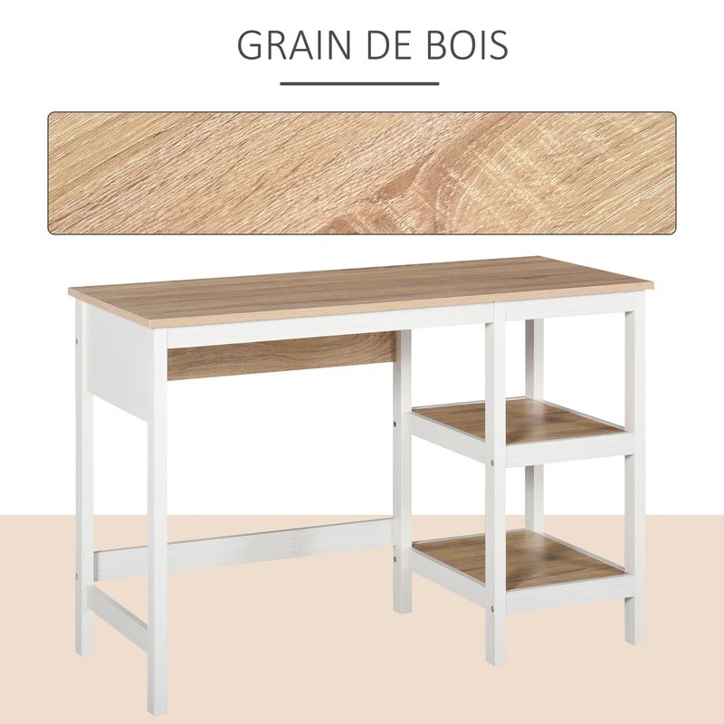 Bureau informatique multimédia 110 x 48 x 76 cm grand plateau 2 étagères rangement moderne épuré en MDF chêne clair 21_0002458