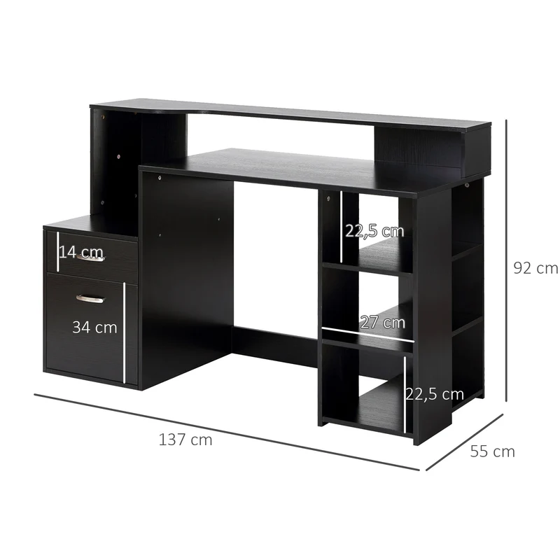 Bureau informatique avec rangement 137 x 55 x 92 cm avec tiroirs et étagères ouvertes moderne épuré compact en MDF noir 21_0006121