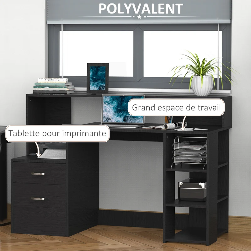 Bureau informatique avec rangement 137 x 55 x 92 cm avec tiroirs et étagères ouvertes moderne épuré compact en MDF noir 21_0006121