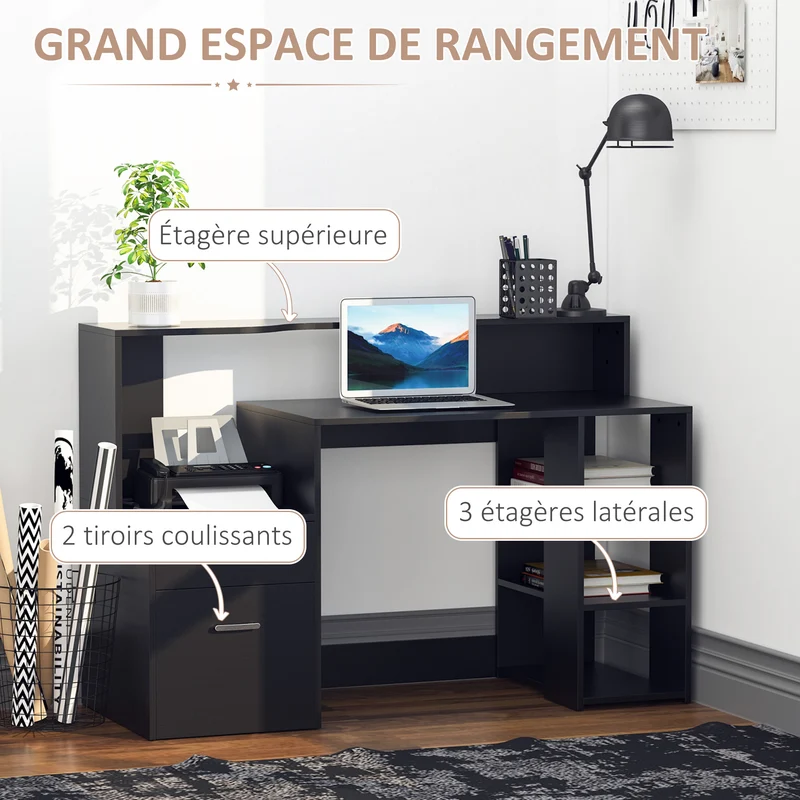 Bureau informatique avec rangement 137 x 55 x 92 cm avec tiroirs et étagères ouvertes moderne épuré compact en MDF noir 21_0006121