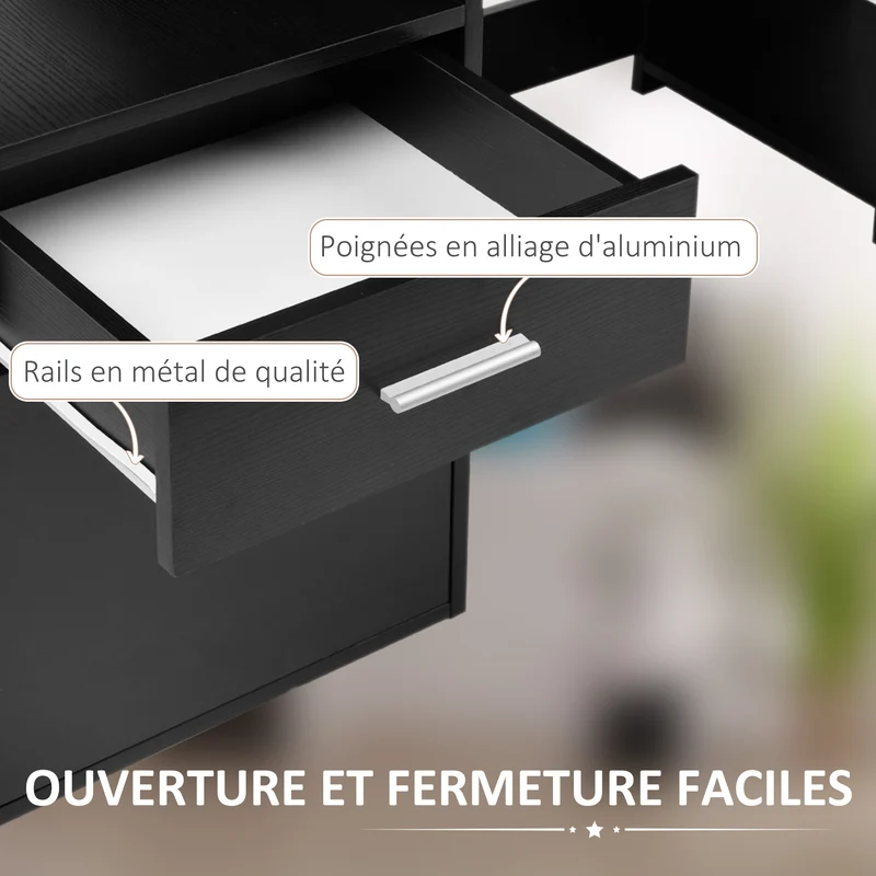 Bureau informatique avec rangement 137 x 55 x 92 cm avec tiroirs et étagères ouvertes moderne épuré compact en MDF noir 21_0006121