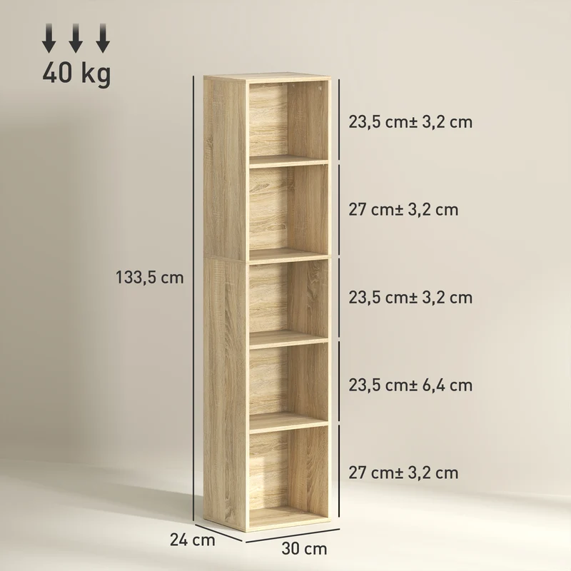 Bibliothèque étagère 30 x 24 x 133.5 cm étagères réglables anti bascule scandinave en panneau de particules bois naturel 21_0002506