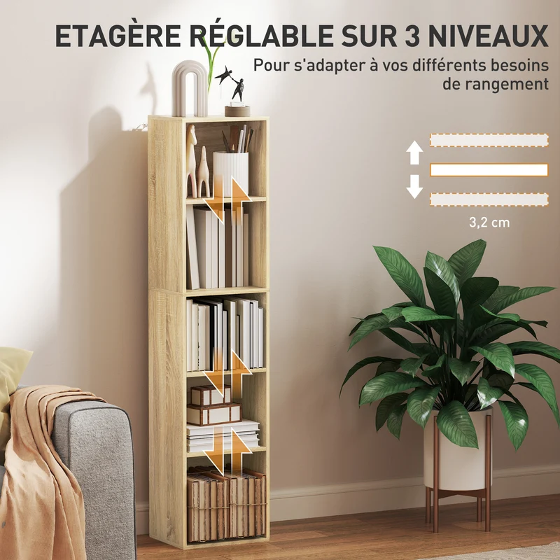 Bibliothèque étagère 30 x 24 x 133.5 cm étagères réglables anti bascule scandinave en panneau de particules bois naturel 21_0002506