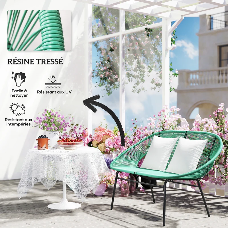 Banquette de jardin 2 places 132 x 72 x 83 cm assise confortable dossier haut style scandinave en résine vert foncé 21_0006061