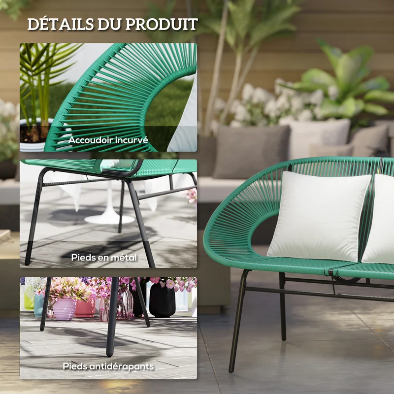 Banquette de jardin 2 places 132 x 72 x 83 cm assise confortable dossier haut style scandinave en résine vert foncé 21_0006061