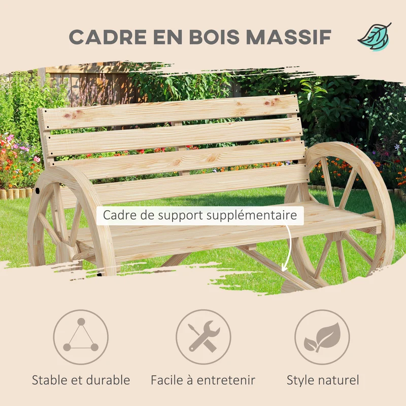Banc de jardin 3 places 105,5 x 56 x 79 cm assise profonde dossier à lattes confort style rustique chic en bois naturel 21_0004585