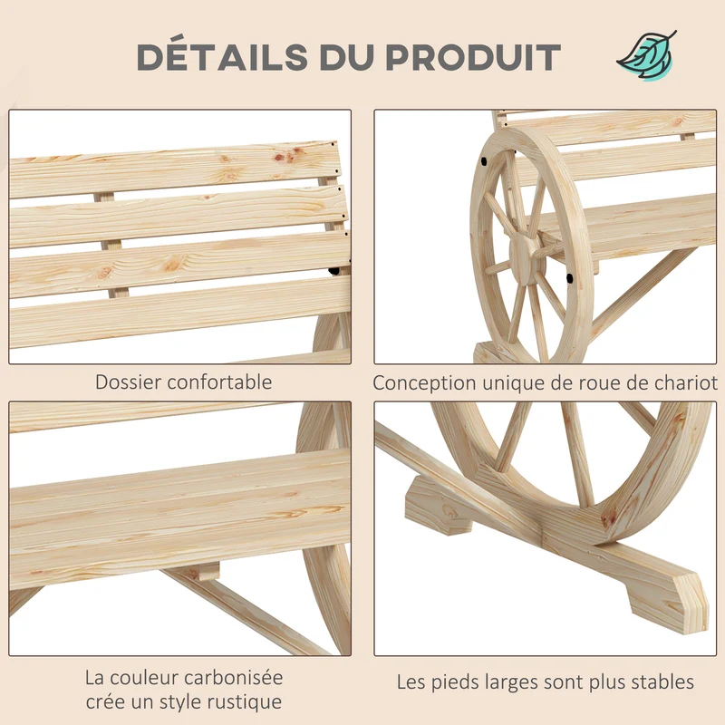 Banc de jardin 3 places 105,5 x 56 x 79 cm assise profonde dossier à lattes confort style rustique chic en bois naturel 21_0004585