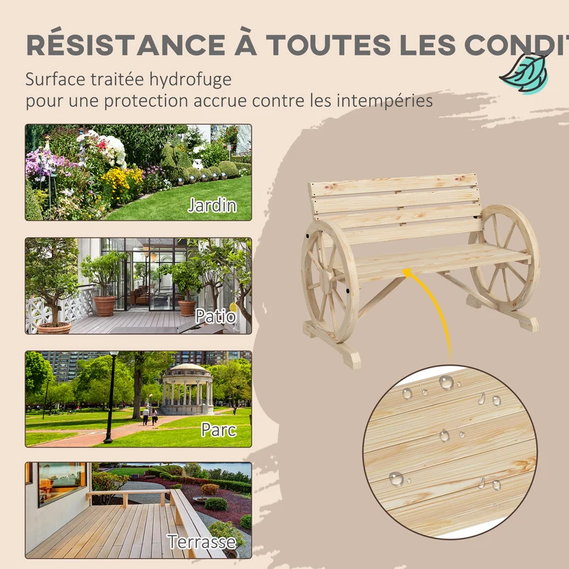 Banc de jardin 3 places 105,5 x 56 x 79 cm assise profonde dossier à lattes confort style rustique chic en bois naturel 21_0004585