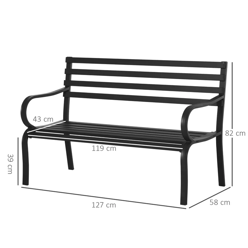 Banc de jardin 2 places 127 x 58 x 82 cm assise profonde dossier incliné design contemporain terrasse en métal noir 21_0004555