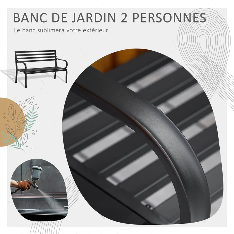 Banc de jardin 2 places 127 x 58 x 82 cm assise profonde dossier incliné design contemporain terrasse en métal noir 21_0004555