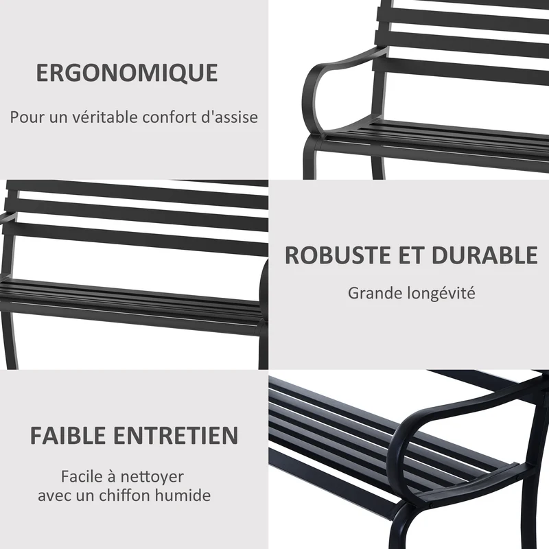 Banc de jardin 2 places 127 x 58 x 82 cm assise profonde dossier incliné design contemporain terrasse en métal noir 21_0004555