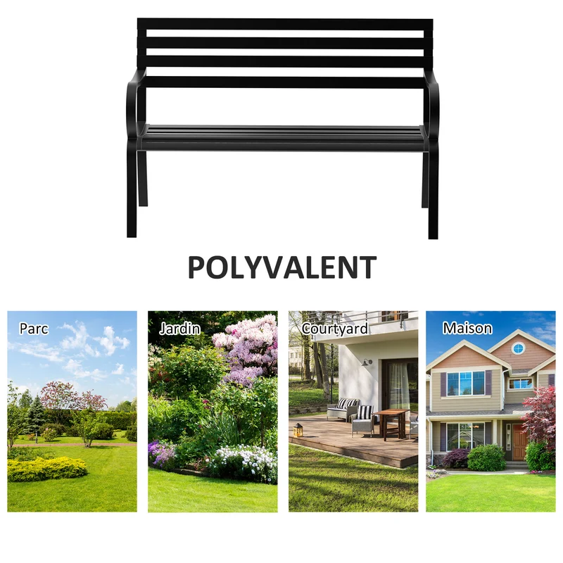 Banc de jardin 2 places 127 x 58 x 82 cm assise profonde dossier incliné design contemporain terrasse en métal noir 21_0004555