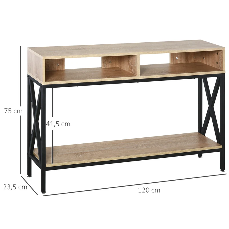 Table console entrée étroite 120 x 23,5 x 75 cm gain de place étagère inférieure industriel contemporain en MDF chêne 21_0002611