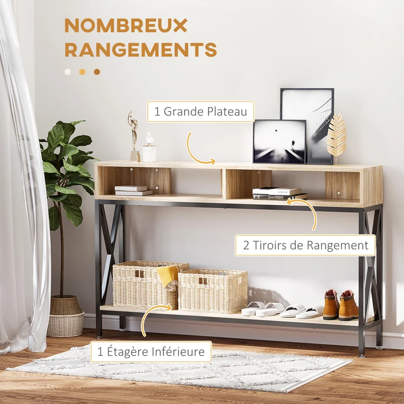 Table console entrée étroite 120 x 23,5 x 75 cm gain de place étagère inférieure industriel contemporain en MDF chêne 21_0002611
