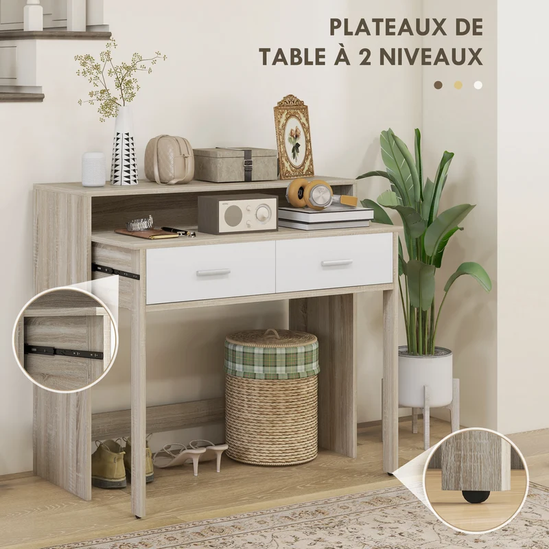 Table console d'entrée 95 x 35 x 87 cm plateau coulissant 2 tiroirs pratiques moderne en panneau de particules chêne 21_0002716