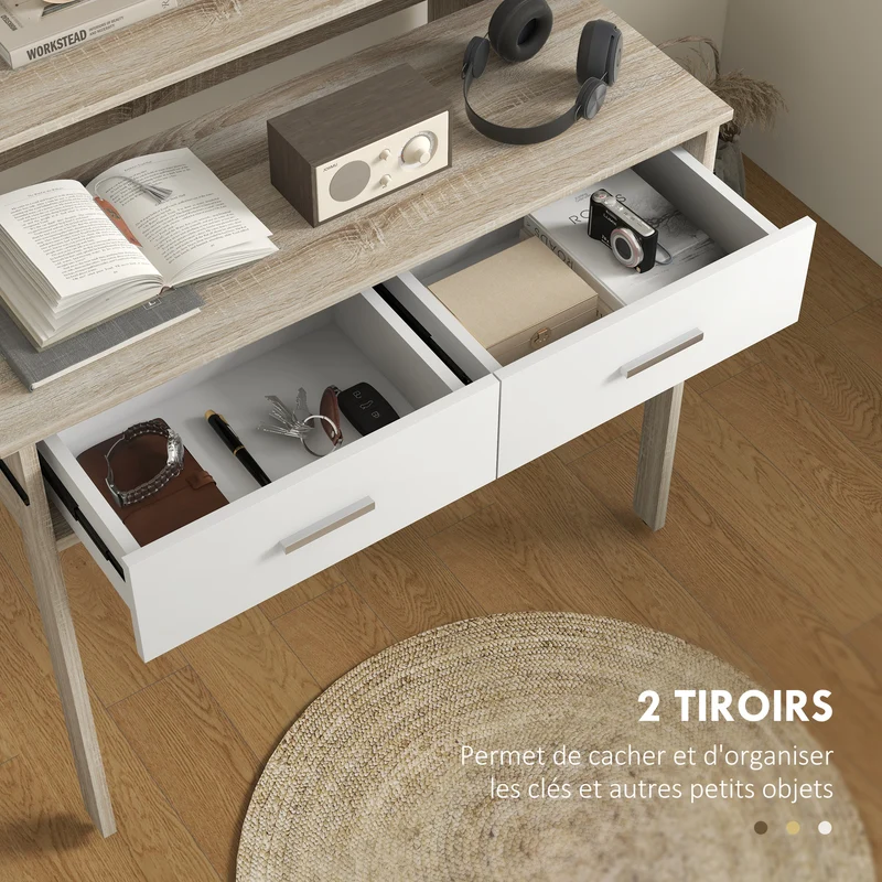Table console d'entrée 95 x 35 x 87 cm plateau coulissant 2 tiroirs pratiques moderne en panneau de particules chêne 21_0002716