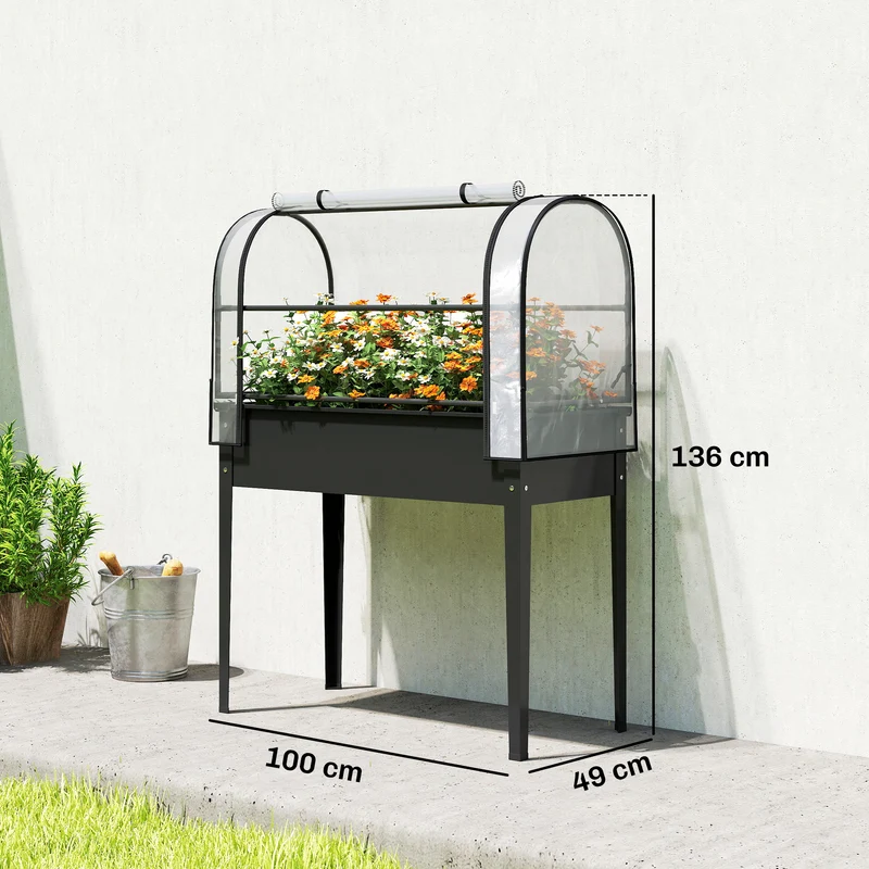 Potager surélevé avec serre rabattable 100 x 49 x 136 cm protection antigel drainage intégré design jardin en métal noir 21_0005641