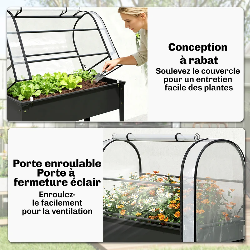 Potager surélevé avec serre rabattable 100 x 49 x 136 cm protection antigel drainage intégré design jardin en métal noir 21_0005641